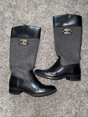 Tommy Hilfiger Black and Gray Women's Riding Boots with Gold Accent